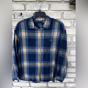 Vintage lizwear blue and tan plaid long sleeve shirt with shoulder pads
